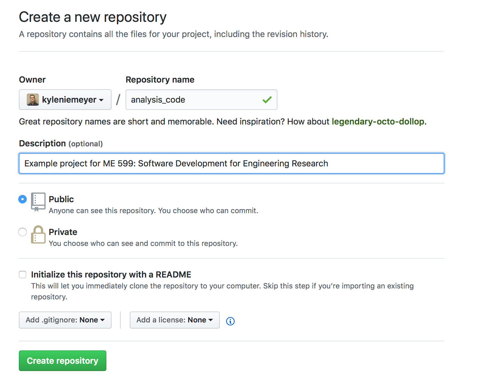 Screenshot of creating a new repo on GitHub with info filled